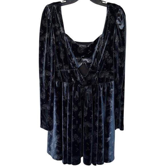 Disturbia Velour Puff Sleeve Dark Fairy Goth Mini Dress w Mushrooms Cut-Out sz 8 - Picture 2 of 12